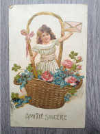 FANTAISIE AMITIE SINCERE FILLETTE PANIER FLEURS LETTRE GAUFFREE - 10101 - Autres & Non Classés