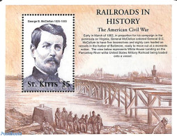 Saint Kitts/Nevis 2001 Railways S/s, George B. McClellan, Mint NH, Transport - Railways - Art - Bridges And Tunnels - Trains
