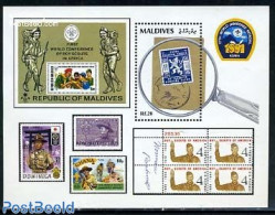 Maldives 1992 World Jamboree S/s, Mint NH, Sport - Scouting - Stamps On Stamps - Briefmarken Auf Briefmarken