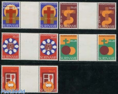 Suriname, Republic 1978 Easter 5v, Gutter Pairs (with White Tabs), Mint NH, Religion - Religion - Suriname