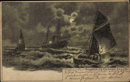 Clair De Lune Lithographie Seestück Mit Kleinerem Dampfer, Segelboote - Altri & Non Classificati
