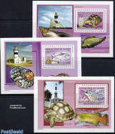Guinea, Republic 2004 Lighthouses 3 S/s, Mint NH, Nature - Various - Fish - Shells & Crustaceans - Turtles - Lighthous.. - Fishes