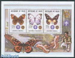 Niger 2002 Scouting, Butterflies 3v M/s, Mint NH, Nature - Sport - Various - Butterflies - Scouting - Lions Club - Rotary, Club Leones