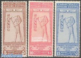 Egypt (Kingdom) 1925 Geographic Congress 3v, Unused (hinged), History - Archaeology - Nuovi