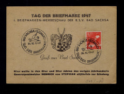 Gc8578 GERMANY "Bad Sachsa Stamp's Day 1947" Fêtes Celebrations Pmk - Tag Der Briefmarke