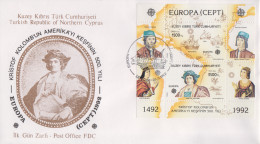 Enveloppe  FDC  1er  Jour   CHYPRE   TURC   Bloc   Découverte  De  L' Amérique  Par  Christophe  COLOMB   EUROPA    1992 - 1992