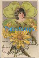 228537 ART ARTE EMBOSSED FACE WOMAN FOUR LEAF CLOVER AND FLOWERS POSTAL POSTCARD - Zonder Classificatie