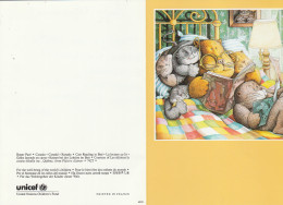 UNICEF Double Postcard - New Year - Christmas,Canada,Roger Pure - Cats Reading In Bed - Other & Unclassified