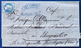 Lettre 8 AOUT 1869 Lauré N°29I Oblitéré GC 3981 + Dateur  " TOULON S MER " Pour L'ile De Porquerolles Sur Un Bateau ! - 1863-1870 Napoleon III With Laurels
