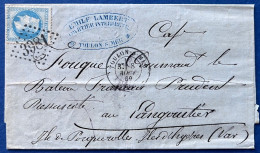 Lettre 8 AOUT 1869 Lauré N°29I Oblitéré GC 3981 + Dateur  " TOULON S MER " Pour L'ile De Porquerolles Sur Un Bateau ! - 1863-1870 Napoleone III Con Gli Allori