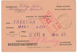 KRIEGSGEFANGENENPOST CAMP PRISONNIERS GUERRE 39/45 FABREGA PUISSERGUIER STALAG XVII B GEPRÜFT 242 CENSURE MILITARIA - WW II