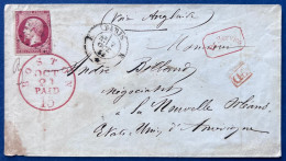 Lettre Napoleon N°17 80c Carmin Obl Losange K + Càd T15 De PARIS Pour Les USA La Nouvelle Orleans Transit BOSTON/PAID - 1853-1860 Napoleon III