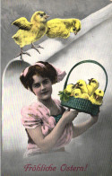 EASTER, HOLIDAY, CELEBRATION, WOMAN, CHICKS IN BASKET, PORTAIT, SWITZERLAND, POSTCARD - Pascua