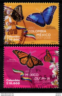 0036F - KOLUMBIEN 2018. 2017-2018 YEAR OF COLOMBIA-MEXICO. COMPLETE USED SET X 2 STAMPS- BUTTERFLIES - Colombia