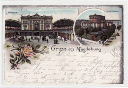 39009308 - Lithographie Magdeburg Mit Bahnhof Und Stadttheater Gelaufen Von 1900. Oxydationsspuren An Den Raendern, Son - Maagdenburg