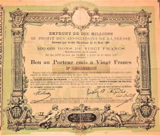 Emprunt De 10 Millions Au Profit Des Associations De La Presse - Bon De 20 Francs (1887) - Paris - Banca & Assicurazione