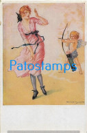 228575 ART ARTE SIGNED THOMSON WOMAN SCARED CUPID WITH BOW AND ARROW POSTAL POSTCARD - Other & Unclassified