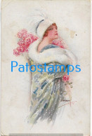 228597 ART ARTE SIGNED USABAL WOMAN WITH FLOWER IN SNOW BREAK POSTAL POSTCARD - Other & Unclassified