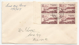 South Africa SG #127 In Block Of 4 Incl. Plate Flaw SG #127a "Extended Rigging" On Cover FDC 1949 - FDC