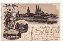 39051508 - Koeln, Lithographie Mit 4 Ansichten Gelaufen Von 1897 Kleiner Knick Unten Links - Rueckseite Mit Tesa Gekleb - Köln