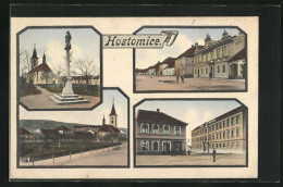 AK Hostomice, Hotel, Denkmal, Ortspartie  - Czech Republic