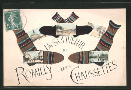 CPA Romilly, Blick In Eine Strasse Avec Des Passants, La Place Du Marché Avec L'Église,  Vue De Durch Socken  - Other & Unclassified