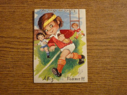 Carte Brodée "Au Pays Du Rugby" - Jeune Rugbyman Tenue Brodée - 10,3x14,4cm Env. - Bestickt