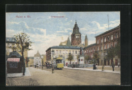 AK Mainz A. Rh., Gutenbergplatz Mit Denkmal Und Strassenbahn  - Tramways