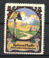 Künstler-Reklamemarke Sigmund Von Suchodolski, Reform-Platte Der Firma Kranseder & Cie., München, Gebirgslandschaft  - Cinderellas