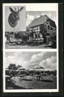 AK Duderstadt, Gasthaus Forsthaus Ratewarte, Garten, Trophäe Hasenkönig  - Duderstadt