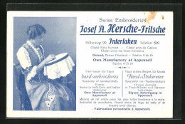 AK Interlaken, Swiss Embroideries Josef A. Hersche-Fritsche, Höheweg 99, Frau Mit Stickrahmen  - Interlaken