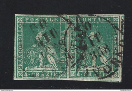 1857 TOSCANA, N 14 - 4 Crazie Verde, Filigrana 2 Tipo, COPPIA USATA, Firmata Caffaz - Toskana