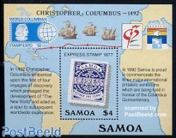 Samoa 1992 Columbus S/s, Mint NH, History - Transport - Explorers - Philately - Stamps On Stamps - Ships And Boats - Exploradores