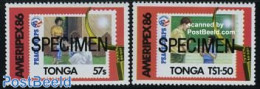 Tonga 1986 Ameripex 2v SPECIMEN, Mint NH, Stamps On Stamps - Stamps On Stamps