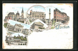 Lithographie Aachen, Elisenbrunnen, Mariensäule, Rathaus, Dom  - Aachen