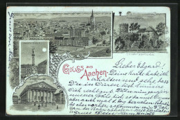 Mondschein-Lithographie Aachen, Mariensäule, Stadttheater, Panorama  - Teatro