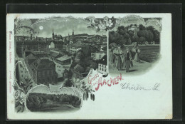 Mondschein-Lithographie Aachen, Gesamtansicht, Lousberg Mit Belvedere, Karlshöhe  - Aken