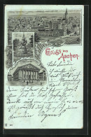 Mondschein-Lithographie Aachen, Stadttheater, Kriegerdenkmal, Panoramablick Vom Pulverturm  - Théâtre