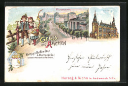 Lithographie Aachen, Elisenbrunnen Und Rathaus  - Aachen
