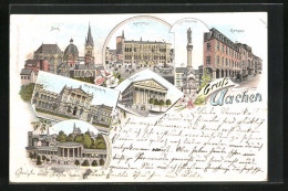 Lithographie Aachen, Rathaus, Dom, Mariensäule Und Kurhaus  - Aachen