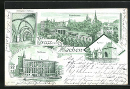 Lithographie Aachen, Krönungssaal Im Rathaus, Elisenbrunnen Aus Der Vogelschau, Ponttor  - Aachen