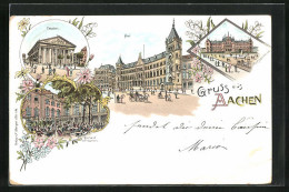 Lithographie Aachen, Hotel Kurhaus Mit Veranda, Post Mit Pferdekutsche, Justizgebäude Mit Passanten  - Aachen