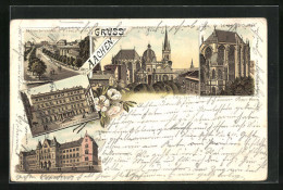 Lithographie Aachen, Elisenbrunnen Und Promenade Aus Der Vogelschau, Dom, Justizgebäude  - Aachen