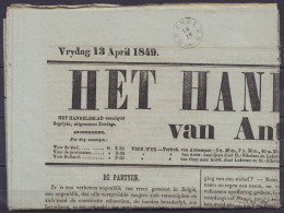 Journal "Het Handelsblad Van Antwerpen" Daté 13 Avril 1849 Càd T18 MECHELEN /14 IV - 1830-1849 (Unabhängiges Belgien)