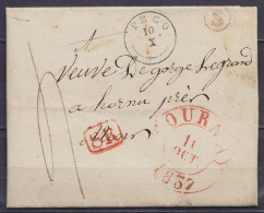 L. Datée 9 Octobre 1837 De HELCHIN Càd TOURNAI /10 OCT. 1857 & T18 PECQ /10/X Pour HORNU - [SR] - Boîte Rurale "S" - Por - 1830-1849 (Belgique Indépendante)