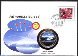 Switzerland 2021 Patrouilles Suisse Special Cover With Token (numisbrief), Postal History, Transport - Aircraft & Avia.. - Lettres & Documents