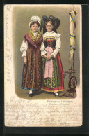 Lithographie Elsass-lothringische Tracht, Frauen Stehend Mit Spinnrad  - Kostums