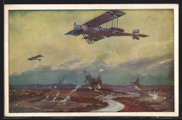Künstler-AK Militärdoppeldecker Auf Erkundungsflug An Der Marne  - 1914-1918: 1ère Guerre