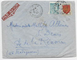 BLASON 10FR LANGUEDOC + 50C MERCURE LETTRE AVION PARIS 28 21.1.1945 POUR ST DENIS ILE DE LA REUNION AU TARIF - 1941-66 Armoiries Et Blasons