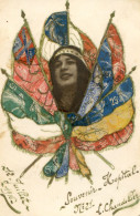 Militaria - Allégorie De Mariane Entourés Des Drapeaux Alliés ,faite Avec Des Timbres Découpés- Hôpital Militaire N° 21 - Weltkrieg 1914-18